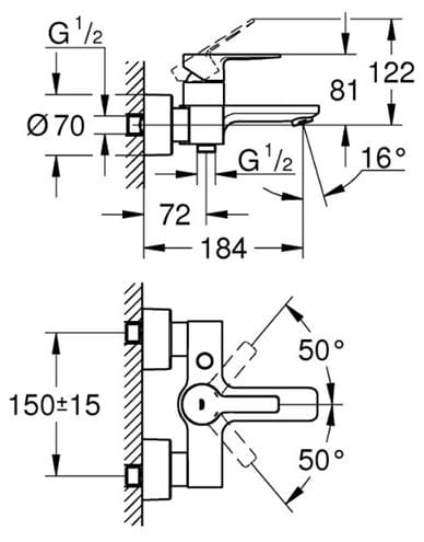GROHE LINEARE vanová nástěnná baterie, s přepínačem, chrom 33849001 Technický nákres