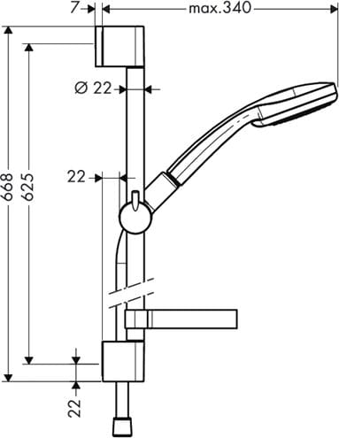 HANSGROHE CROMA 100 4JET sprchová souprava 4-dílná, ruční sprcha pr. 100 mm, 4 proudy, tyč, hadice, mýdlenka, chrom 27772000 Technický nákres