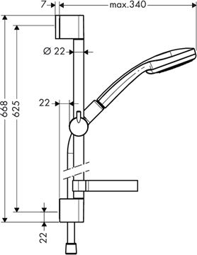 HANSGROHE CROMA 100 4JET sprchová souprava 4-dílná, ruční sprcha pr. 100 mm, 4 proudy, tyč, hadice, mýdlenka, chrom 27772000 Technický nákres