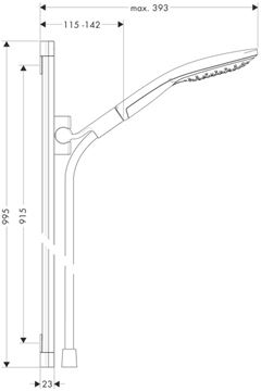 HANSGROHE RAINDANCE SELECT S 150 3JET sprchová souprava 3-dílná, ruční sprcha pr. 150 mm, 3 proudy, tyč, hadice, chrom 26626000 Technický nákres