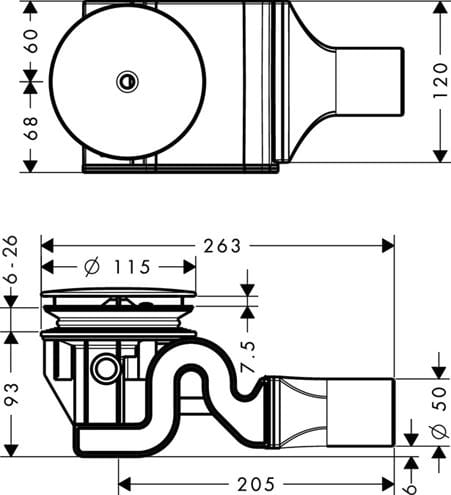 HANSGROHE RAINDRAIN 90 XXL vaničkový sifon pr. 90 mm, chrom 60067000 Technický nákres