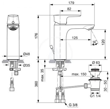 IDEAL STANDARD CONNECT AIR GRANDE umyvadlová stojánková baterie, s odtokovou soupravou, chrom A7053AA Technický nákres