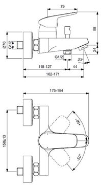 IDEAL STANDARD CERAFLEX vanová nástěnná baterie, s přepínačem, chrom B1721AA Technický nákres