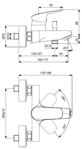IDEAL STANDARD CERAFLEX vanová nástěnná baterie, s přepínačem, chrom B1721AA Technický nákres