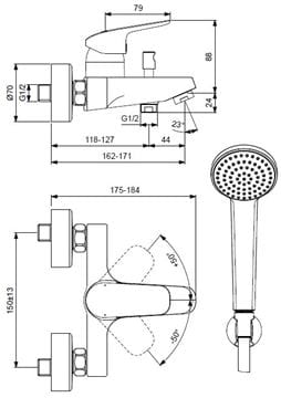 IDEAL STANDARD CERAFLEX vanová nástěnná baterie, s přepínačem, se sprchovou soupravou, chrom B1722AA Technický nákres