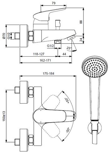 IDEAL STANDARD CERAFLEX vanová nástěnná baterie, s přepínačem, se sprchovou soupravou, chrom B1722AA Technický nákres