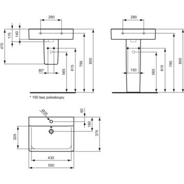 IDEAL STANDARD CONNECT SPACE CUBE umyvadlo 55 cm, s otvorem pro baterii a přepadem E714001 Technický nákres