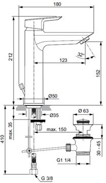 IDEAL STANDARD TESI GRANDE umyvadlová stojánková baterie, s odtokovou soupravou, chrom A6563AA Technický nákres