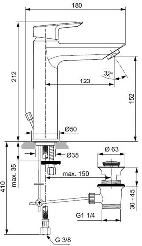 IDEAL STANDARD TESI GRANDE umyvadlová stojánková baterie, s odtokovou soupravou, chrom A6563AA Technický nákres