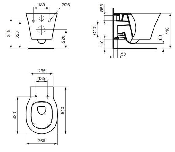 IDEAL STANDARD CONNECT AIR závěsné WC, AquaBlade splachování E005401 Technický nákres