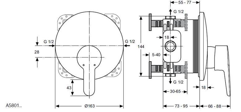 IDEAL STANDARD CONNECT BLUE sprchová podomítková baterie, chrom A5801AA Technický nákres