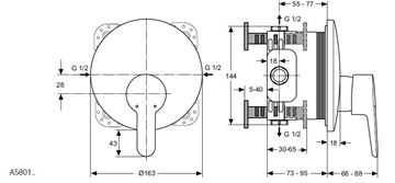 IDEAL STANDARD CONNECT BLUE sprchová podomítková baterie, chrom A5801AA Technický nákres
