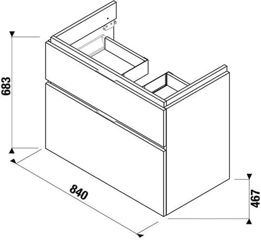 JIKA CUBITO PURE skříňka pod umyvadlo 84x46,7x68,3 cm, 2 zásuvky, Push-open, lesklá bílá H40J4264025001 Technický nákres