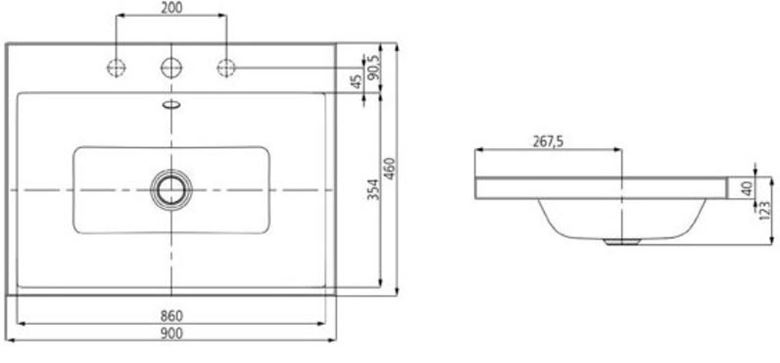 KALDEWEI PURO 3155 umyvadlo 90 cm, s otvorem pro baterii, s přepadem, smaltovaná ocel, Perl-Effekt, alpská bílá 900506013001 Technický nákres