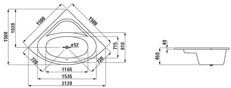 LAUFEN SOLUTIONS rohová vana 150x150 cm, bez nožiček, akrylát H2445000000001 Technický nákres