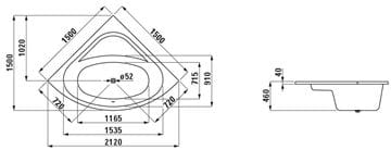 LAUFEN SOLUTIONS rohová vana 150x150 cm, bez nožiček, akrylát H2445000000001 Technický nákres