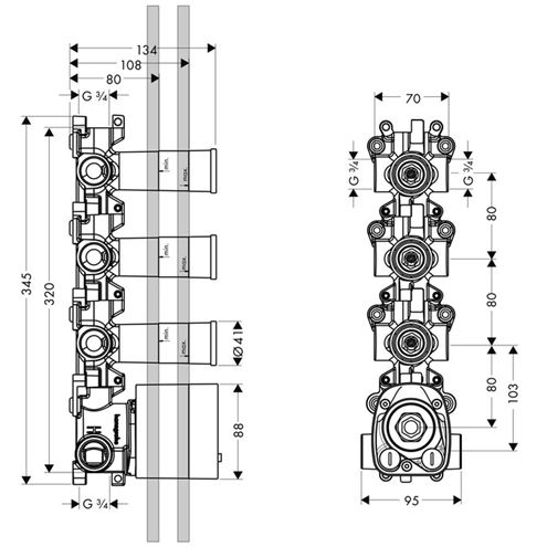 AXOR SHOWER SOLUTIONS podomítkové těleso DN15 10750180 Technický nákres