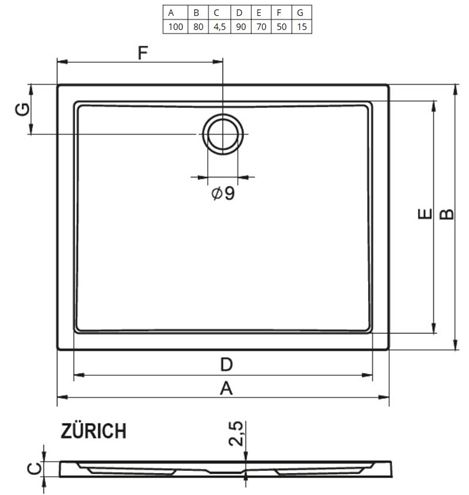 RIHO ZÜRICH 272 sprchová vanička 100x80 cm, akrylát, bez nožiček D001014005 Technický nákres