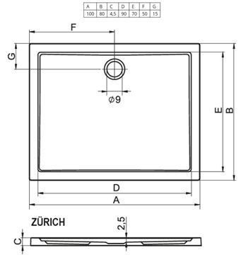 RIHO ZÜRICH 272 sprchová vanička 100x80 cm, akrylát, bez nožiček D001014005 Technický nákres
