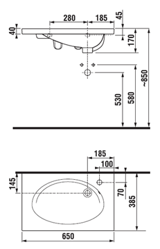 JIKA TIGO umyvadlo 65 cm, s otvorem pro baterii a přepadem H8122160001061 Technický nákres