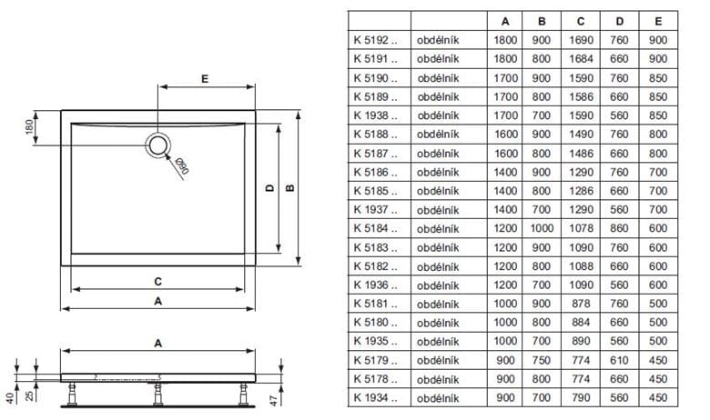 IDEAL STANDARD ULTRA FLAT sprchová vanička 160x90 cm, akrylát, bez nožiček K518801 Technický nákres