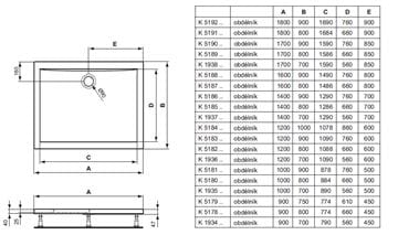 IDEAL STANDARD ULTRA FLAT sprchová vanička 160x90 cm, akrylát, bez nožiček K518801 Technický nákres
