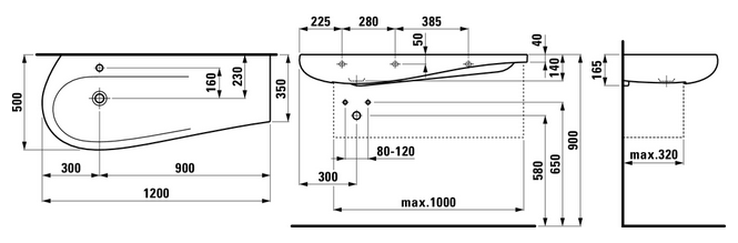 LAUFEN ILBAGNOALESSI ONE umyvadlo 120 cm, s otvorem pro baterii a přepadem, LCC H8149734001041 Technický nákres