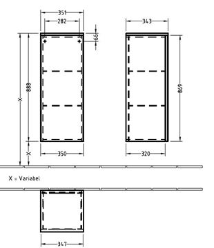 VILLEROY & BOCH VERITY LINE nízká skříňka 35,1x34,3x88,8 cm, 1 dvířka, panty vlevo, Push-open, Oak Nebraska B51500PJ Technický nákres
