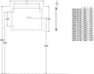 VILLEROY & BOCH FINION zrcadlo 120x75 cm, s osvětlením, s regulací teploty světla F6001200 Technický nákres