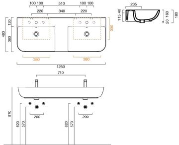 CONCEPT S dvojumyvadlo 125 cm, se 2 otvory pro baterie a přepadem, Cataglaze 125BSFD Technický nákres