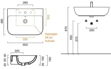 CONCEPT S umyvadlo 65 cm, bez otvoru pro baterii, s přepadem, Cataglaze 65BSFWH Technický nákres