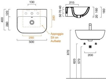 CONCEPT S umyvadlo 50 cm, s otvorem pro baterii a přepadem, Cataglaze 0720501001 Technický nákres