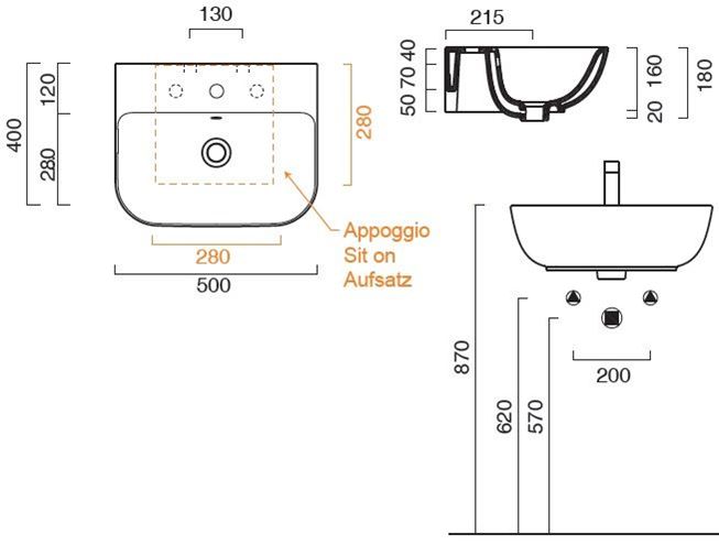 CONCEPT S umyvadlo 50 cm, s otvorem pro baterii a přepadem, Cataglaze 0720501001 Technický nákres