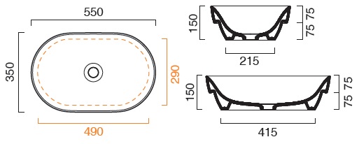 CONCEPT S umyvadlová mísa 55 cm, bez přepadu, Cataglaze 55ASFN Technický nákres
