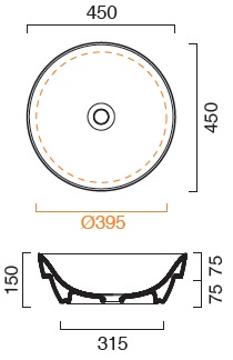 CONCEPT S umyvadlo 45 cm, bez přepadu, Cataglaze 45ASFN Technický nákres