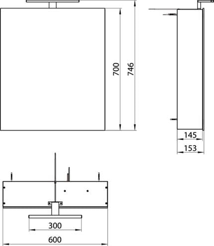 EMCO MEE zrcadlová skříňka 60x74,6x15,3 cm, osvětlení, s vypínačem a el. zásuvkou, hliník, stříbrná 949805049 Technický nákres