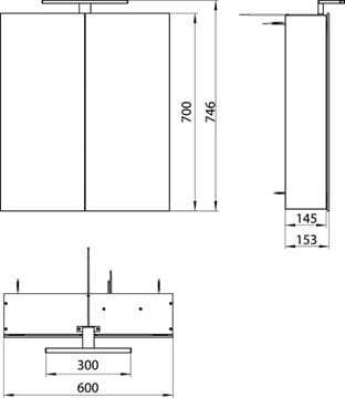 EMCO MEE zrcadlová skříňka 60x74,6x15,3 cm, osvětlení, s vypínačem a el. zásuvkou, hliník, stříbrná 949805050 Technický nákres