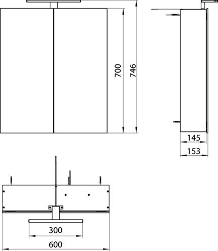 EMCO MEE zrcadlová skříňka 60x74,6x15,3 cm, osvětlení, s vypínačem a el. zásuvkou, hliník, stříbrná 949805050 Technický nákres