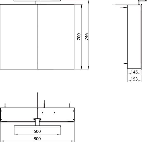 EMCO MEE zrcadlová skříňka 80x74,6x15,3 cm, osvětlení, s vypínačem a el. zásuvkou, hliník, stříbrná 949805051 Technický nákres