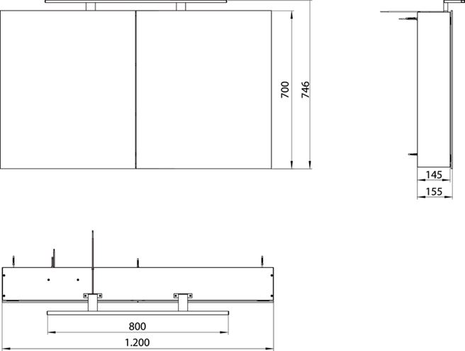 EMCO MEE zrcadlová skříňka 120x74,6x15,5 cm, osvětlení, s vypínačem a el. zásuvkou, hliník, stříbrná 949805053 Technický nákres