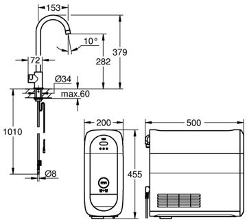 GROHE BLUE HOME dřezová elektronická baterie Mono, s filtračním a chladícím zařízením, Bluetooth, pro jednu vodu, napájení ze sítě, chrom 31498001 Technický nákres