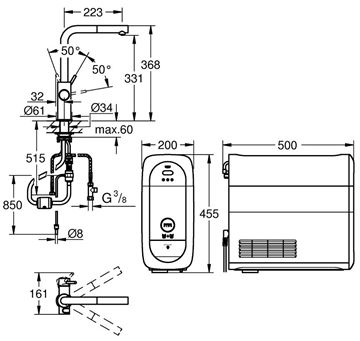GROHE BLUE HOME dřezová elektronická baterie, s vytahovací koncovkou, s filtračním a chladícím zařízením, Bluetooth, napájení ze sítě, chrom 31539000 Technický nákres