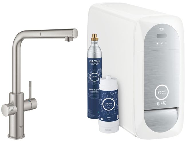 GROHE BLUE HOME dřezová elektronická baterie, s vytahovací koncovkou, s filtračním a chladícím zařízením, Bluetooth, napájení ze sítě, supersteel 31539DC0 Obrázek - Hlavní obrázek