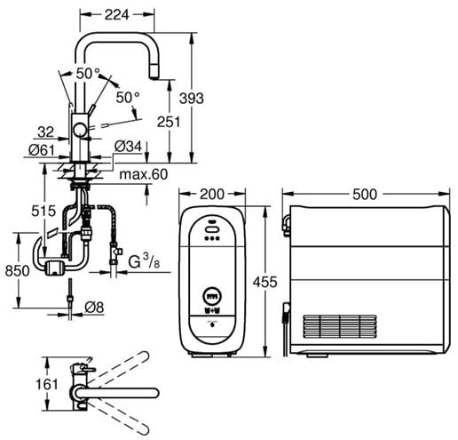 GROHE BLUE HOME dřezová elektronická baterie, s vytahovací koncovkou, s filtračním a chladícím zařízením, Bluetooth, napájení ze sítě, chrom 31543000 Technický nákres