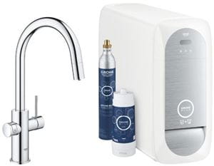 GROHE BLUE HOME dřezová elektronická baterie, s vytahovací koncovkou, s filtračním a chladícím zařízením, Bluetooth, napájení ze sítě, chrom