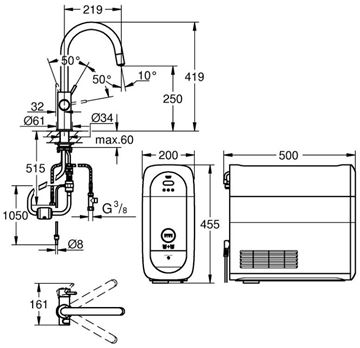 GROHE BLUE HOME dřezová elektronická baterie, s vytahovací koncovkou, s filtračním a chladícím zařízením, Bluetooth, napájení ze sítě, chrom 31541000 Technický nákres