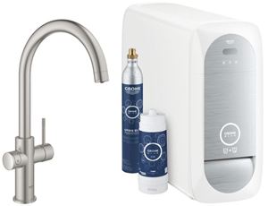 GROHE BLUE HOME dřezová elektronická baterie, s filtračním a chladícím zařízením, Bluetooth, napájení ze sítě, supersteel