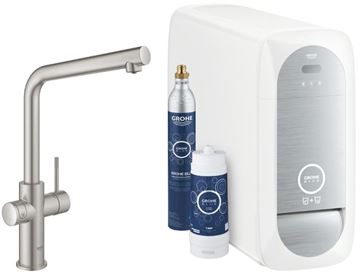 GROHE BLUE HOME dřezová elektronická baterie, s filtračním a chladícím zařízením, Bluetooth, napájení ze sítě, supersteel