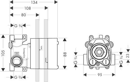 AXOR SHOWER SOLUTIONS podomítkové těleso DN20 10754180 Technický nákres