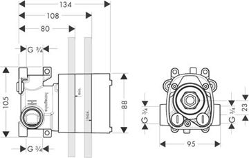 AXOR SHOWER SOLUTIONS podomítkové těleso DN20 10754180 Technický nákres